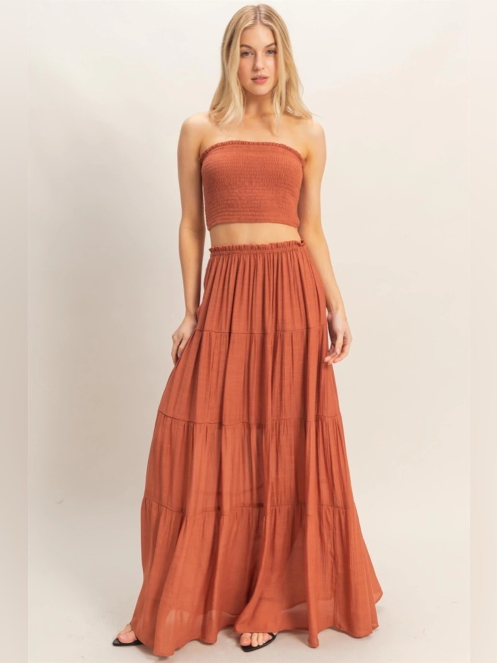 NEW HYFVE Rust Smocked Tube Top & Tiered Maxi Skirt Set Size Large - Picture 5 of 7